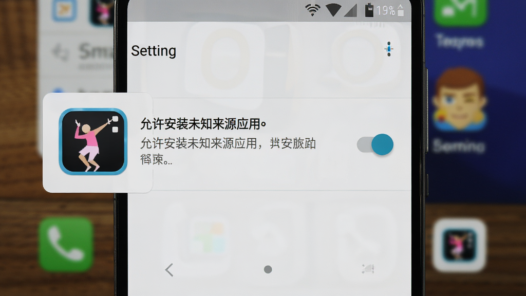 跳舞计时器在安卓手机上的安装权限设置界面截图,画面展示手机设置页面中“允许安装未知来源应用”的开关按钮,旁边有跳舞计时器的图标,背景是手机桌面,风格为真实系统界面截图展示,细节清晰,画质高清,干净,无多余元素