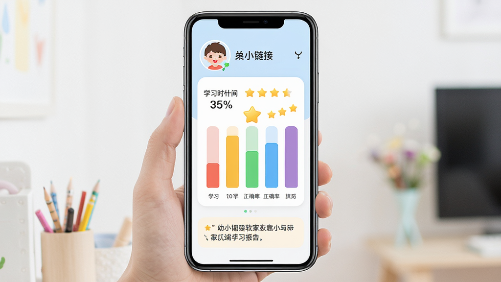 一张幼小衔接启蒙软件家长端学习报告界面的图片,主体是手机屏幕显示彩色柱状图和星星评分,布局为竖屏手机界面,排版上方有孩子头像和名字,风格为简洁现代的UI设计,细节包括学习时长数字、正确率百分比、鼓励评语文字,画质高清干净,无多余装饰
