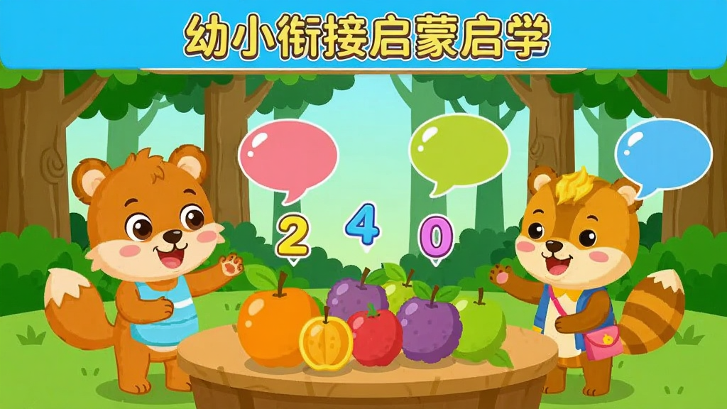 一幅幼小衔接启蒙软件内的动画教学场景截图,主体是卡通动物角色在森林里分水果,布局为横向宽屏画面,排版上方有标题栏,风格为鲜艳的扁平化插画,细节包括数字符号漂浮在水果上方、彩色气泡对话框,画质清晰明亮,干净无杂乱元素