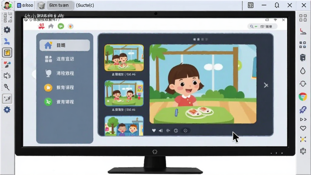一张幼小衔接启蒙软件在电脑模拟器中运行的界面截图,主体是宽屏显示器显示软件主界面,布局为居中展示,排版包含左侧功能菜单和右侧动画课程区域,风格为现代教育软件UI,细节包括模拟器边框、鼠标指针、课程缩略图,画质清晰,干净无杂乱