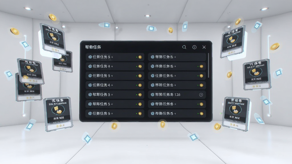 画面展示一个明亮的虚拟任务大厅场景,中央有一块大型悬浮屏幕显示众多帮任务列表,屏幕周围有多个任务卡片漂浮,卡片上有文字标签与金币图标,背景为浅灰色简洁风格,细节清晰,画质干净,无多余元素