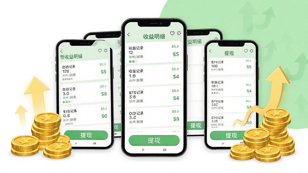 画面以众多帮收益明细页面为主题,手机屏幕显示收益记录列表与提现按钮,周围有金币堆叠与上升箭头元素,背景为白色与浅绿色搭配,风格清新明快,细节清晰,画质干净,无多余元素