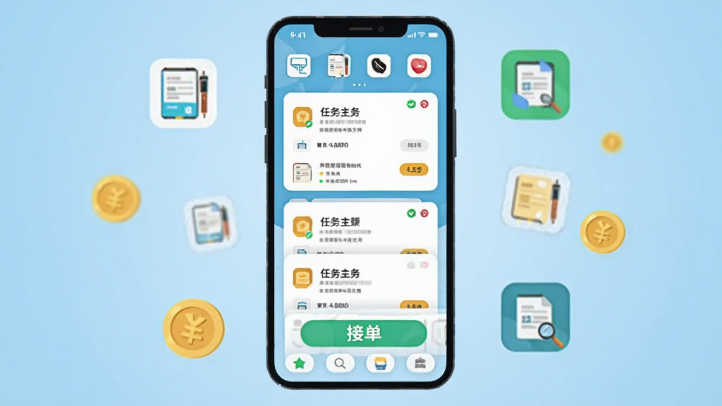 画面中央放置一部智能手机,手机屏幕显示众多帮应用主界面,界面中有任务列表卡片与接单按钮,手机周围环绕简洁的任务图标与金币符号,背景为浅蓝色渐变,整体采用扁平化插画风格,细节清晰,画质干净,无多余元素