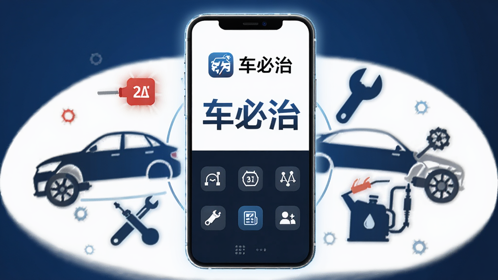 画面中央是一部智能手机,屏幕上显示着汽车诊断界面,界面中有“车必治”三个字,周围环绕着汽车轮廓、故障码图标、扳手和机油壶等元素,布局为上下结构,上方是软件logo和名称,下方是功能图标网格,排版简洁清晰,风格为扁平化科技风,细节上手机边缘有光晕效果,背景是深蓝色渐变,画质高清,干净,无多余元素