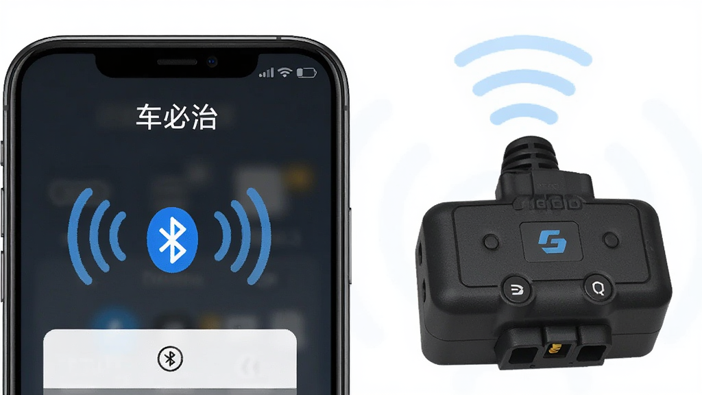 手机屏幕显示“车必治”蓝牙连接界面,旁边放着OBD适配器,布局为手机和适配器并排,排版简洁,风格为写实产品图,细节有蓝牙信号波纹,画质高清,干净,无多余元素