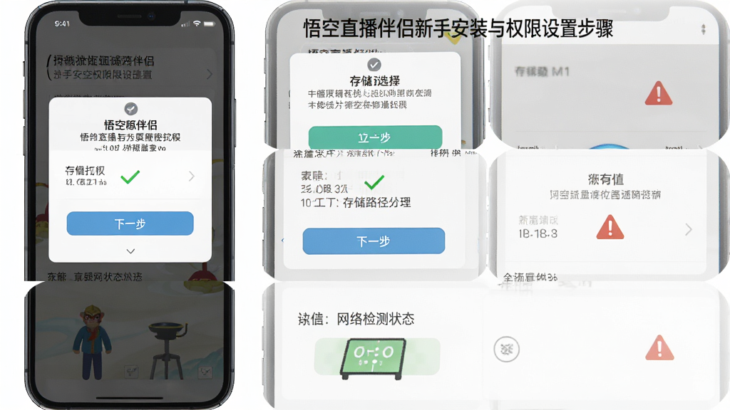 悟空直播伴侣新手安装与权限设置步骤图,画面以手机屏幕截图形式展示权限授权弹窗、存储路径选择界面、网络检测状态,布局按步骤从上到下排列,风格为清晰教程图解,细节包括勾选标记、下一步按钮、警告图标,画质高清,干净,无多余元素