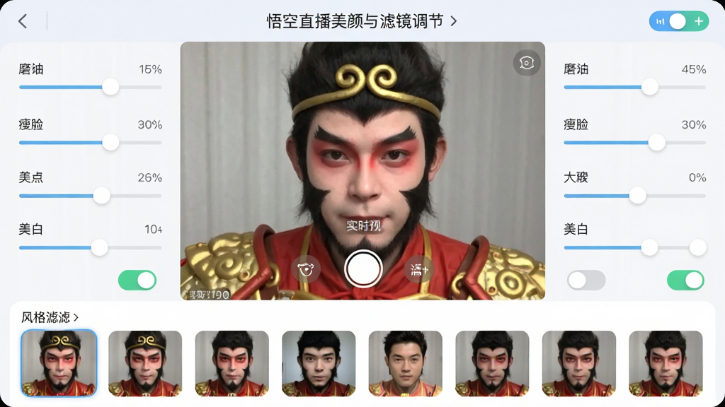 悟空直播伴侣智能美颜与滤镜调节界面,画面中央为手机前置摄像头拍摄的人像预览,两侧排列磨皮、瘦脸、大眼、美白等滑块调节条,下方有风格滤镜缩略图选项,布局对称整洁,风格为清新柔和的UI设计,细节包括数值百分比、开关按钮、实时预览标注,画质高清,干净,无多余元素