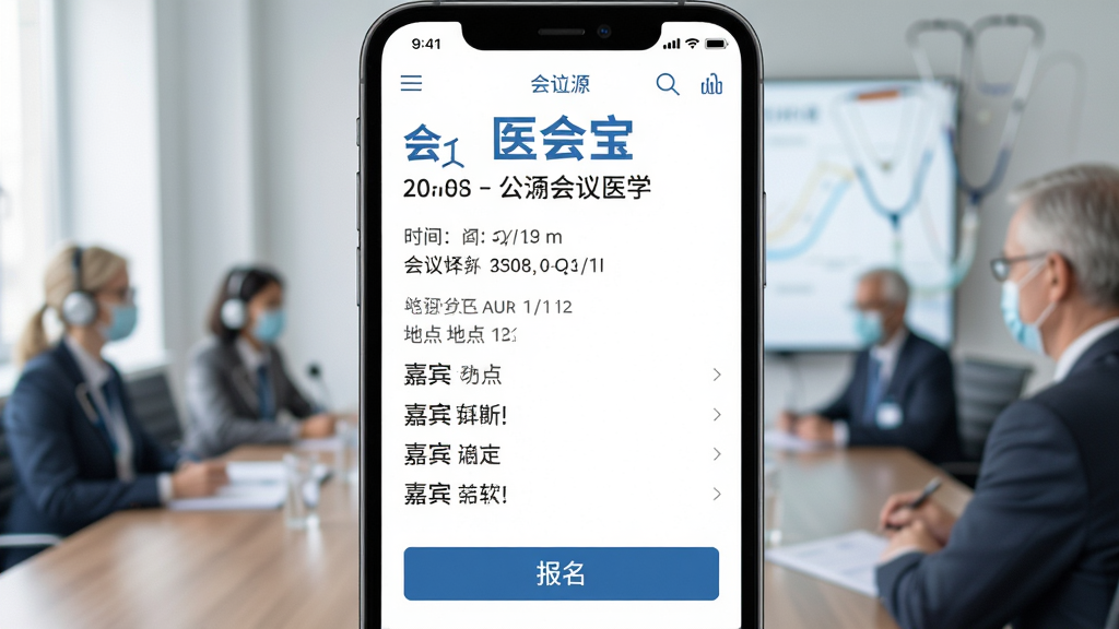 医会宝 会议详情页面 手机屏幕展示 主体为一部手机 布局居中 排版清晰 风格专业医学 细节包含会议标题 时间地点 嘉宾列表 报名按钮 画质清晰 干净 无多余元素