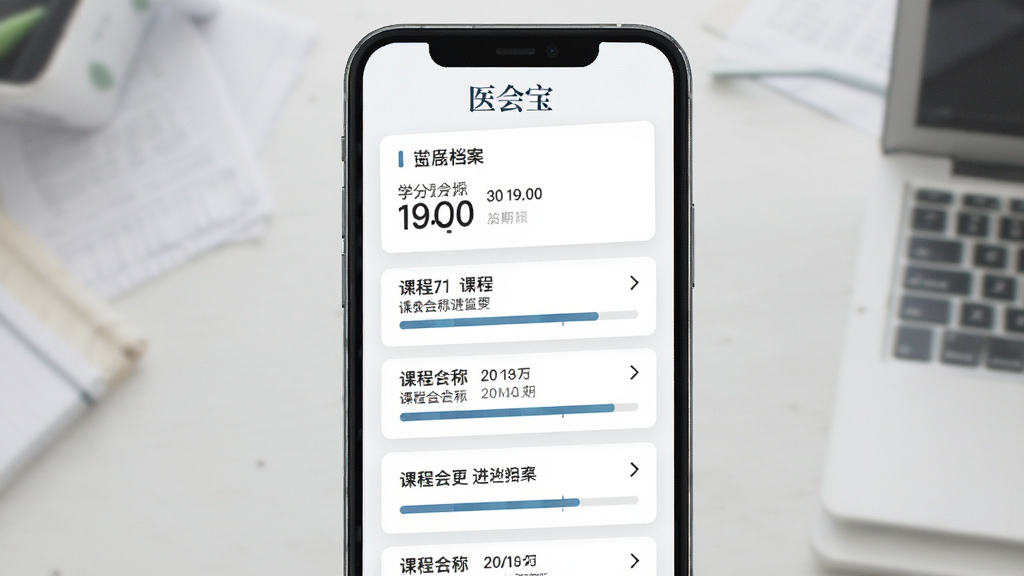 医会宝 学分管理页面 手机屏幕展示 主体为学分档案卡片 布局列表式 排版整齐 风格简洁商务 细节包含学分数字 课程名称 日期 进度条 画质清晰 干净 无多余元素