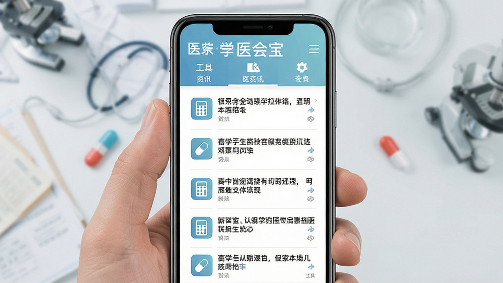 医会宝 医学资讯页面 手机屏幕展示 主体为资讯列表和工具图标 布局网格与列表结合 排版清晰 风格现代医疗 细节包含新闻标题 计算器图标 药丸图标 画质清晰 干净 无多余元素
