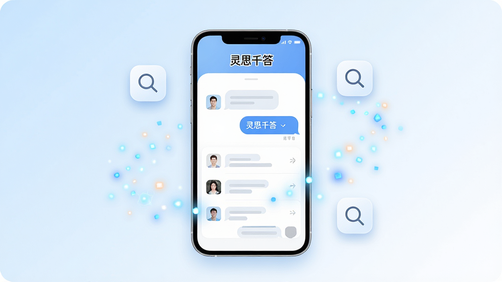 画面中央放置一部智能手机,手机屏幕点亮显示灵思千答应用主界面,界面顶部有