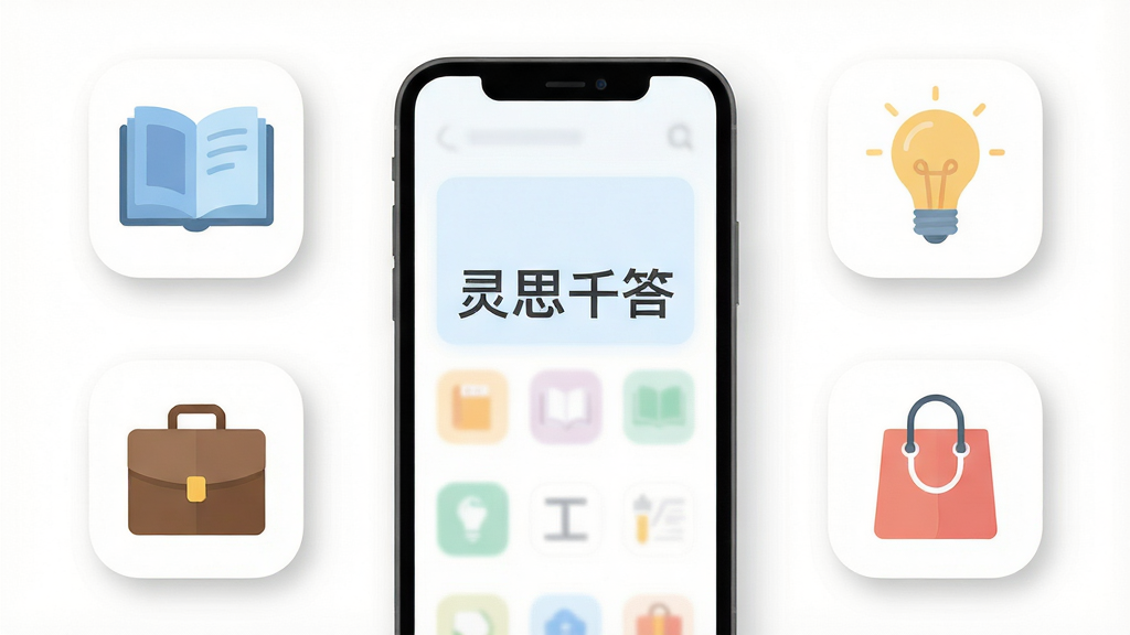 画面以灵思千答手机界面为中心,四周分布书本、公文包、灯泡、购物袋四个简约图标,代表学习、工作、灵感、生活场景,布局为环绕式,风格清新扁平,细节包含柔和的彩色图标、白色背景、轻量阴影,画质高清,干净,无多余元素