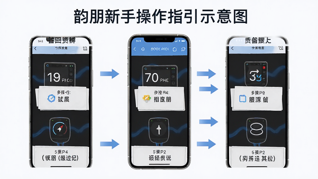 韵朋新手操作指引示意图,主体为手机屏幕显示连接步骤,布局为分步截图排列,排版从上到下,风格为简洁教程风,细节包含箭头指引与文字说明,画质高清,干净,无多余元素