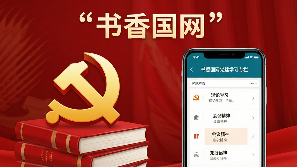 党建学习主题宣传图,画面左侧为党徽与红色书籍堆叠,右侧为手机屏幕展示书香国网党建学习专栏界面,屏幕内可见理论学习、会议精神等条目,背景为庄重的红色渐变,顶部用引号标注文字“书香国网”,风格简洁大气,高清画质,干净无多余元素