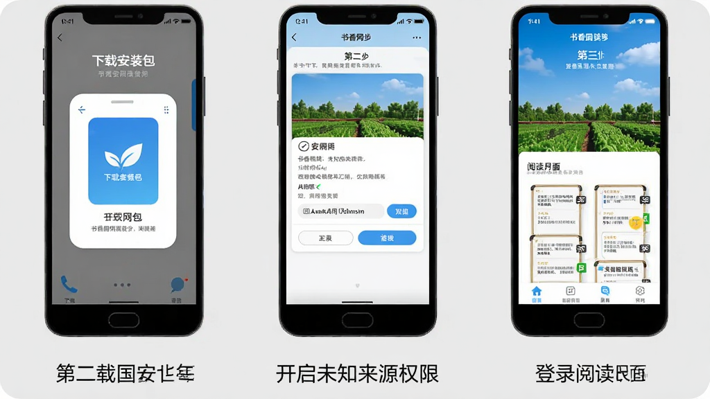 书香国网安卓手机安装使用步骤示意图,画面从左到右展示三个手机屏幕,第一步下载安装包,第二步开启未知来源权限,第三步登录阅读界面,每个屏幕下方配有简洁的文字说明,背景为浅灰色,整体风格简洁明了,扁平化设计,高清画质,干净无多余元素