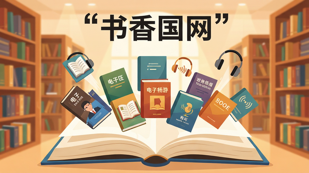 书海畅游主题插画,画面中央一本翻开的巨大书籍,书页中飞出各种类型书籍封面和耳机图标,代表电子书与有声内容,顶部用引号标注文字“书香国网”,背景为温暖的图书馆场景,书架环绕,光线柔和,扁平化插画风格,色彩丰富但不过度艳丽,细节精致,高清画质,干净无多余元素