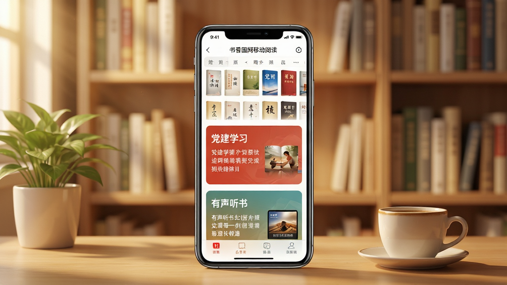 书香国网移动阅读应用界面全貌展示,手机屏幕居中放置,屏幕内呈现电子书书架、党建学习专区、有声听书频道三大板块,背景为淡雅的书香气息书房场景,柔和暖色调灯光,书架上整齐排列各类书籍,桌面有绿植和咖啡杯,画面干净整洁无多余元素,高清画质,写实风格,竖版构图