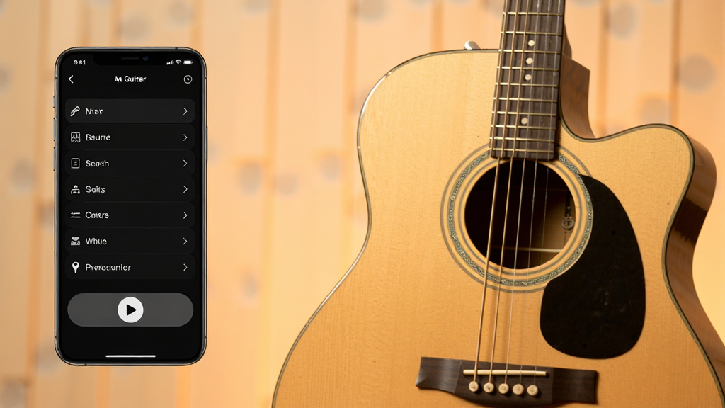 һ��չʾGuitar����У������׼�����Ź��ܵ�ͼƬ���������ֻ���Ļ��ʾ�����б��벥�Ű�ť���Ա���һ�Ѽ���������Ϊ���ůɫ����������ִ�����ͼ������ϸ�ڷḻ�����ʸ���ɾ����޶���Ԫ��