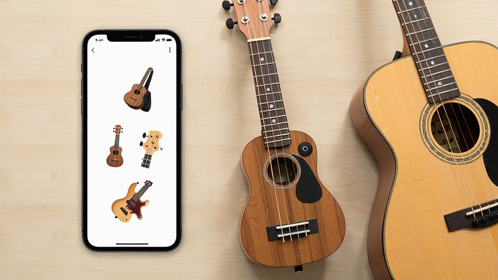 һ��չʾGuitar����У��������������ģʽ��ͼƬ���������ֻ���Ļ��ʾ�������ȿ������˹��������ͼ�����У���Ļ�Ա߰ڷ���һ���ȿ������һ�Ѽ���������Ϊǳɫľ�����棬������¼�Լ���������룬ϸ�����������ʸ���ɾ����޶���Ԫ��