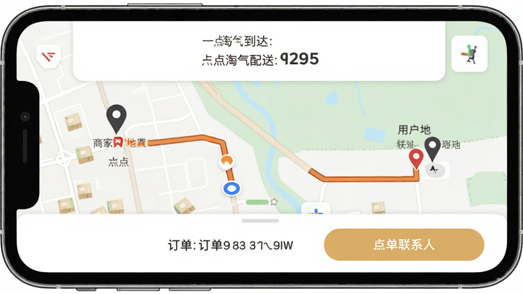 һ���������͵������棬�ֻ���Ļ��ʾ��ͼ·�ߣ����Ϊ�̼�λ�ã��յ�Ϊ�û���ַ��·���ó�ɫ������ע����Ļ�Ϸ���ʾԤ�Ƶ���ʱ�䣬�·���ʾ�����������ϵ�˰�ť�������ʵ�ã������������ɾ����޶���Ԫ��