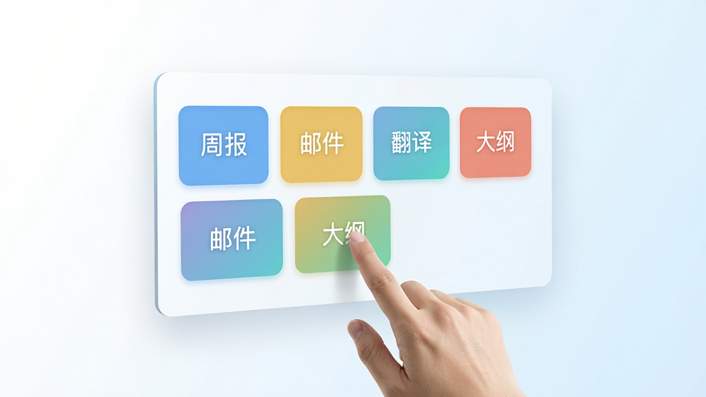 画面中央是一块悬浮面板,面板上排列多个彩色卡片,卡片上写有“周报”“邮件”“翻译”“大纲”等字样;面板下方有一只手点击卡片;整体采用清新浅色风格,背景为白色到淡蓝色渐变,细节简洁,画质高清,无多余元素