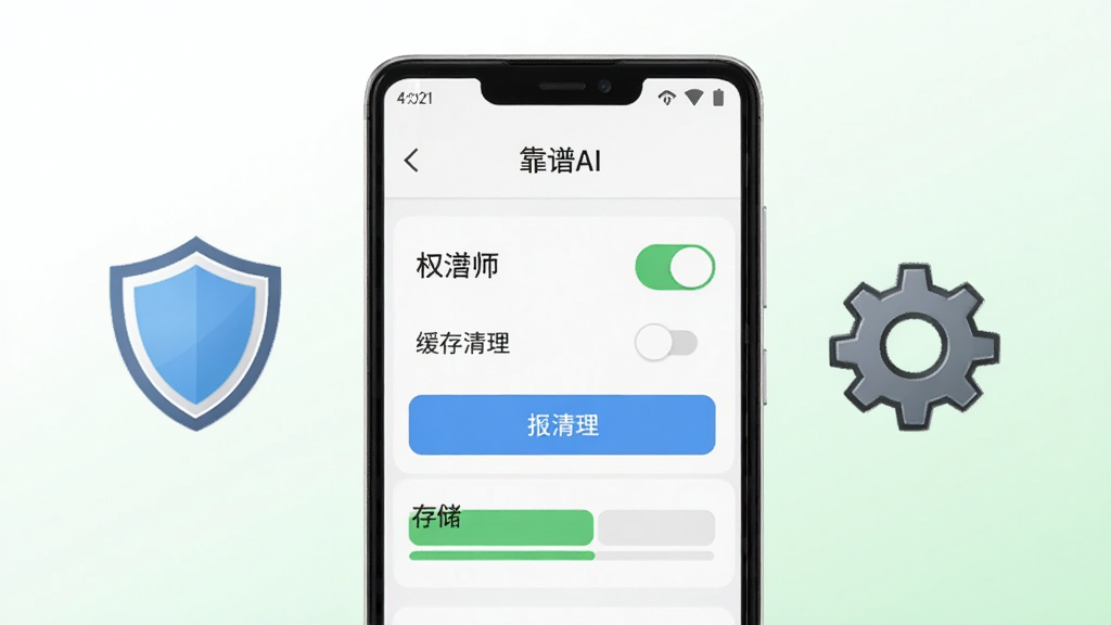 画面中央是一部安卓手机,手机屏幕显示“靠谱AI”设置界面,界面中有权限开关、缓存清理按钮和存储条;手机旁边有一个盾牌图标和一个齿轮图标;整体采用清爽浅色风格,背景为白色到淡绿色渐变,细节干净,画质高清,无多余元素