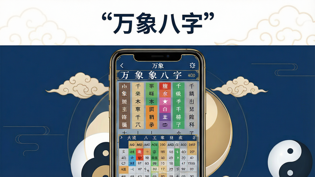 一张展示万象八字软件界面的手机应用预览图,主体为一部竖屏智能手机,屏幕内显示八字排盘结果页面,包含干支四柱、五行颜色标注、大运流年表格等元素。布局为居中放置手机,周围点缀淡雅的中国风祥云纹样与太极图案。排版简洁,上方留白处写有引号内的文字“万象八字”。风格为现代扁平化与中国传统元素结合,细节包括金色边框、深蓝色背景、白色文字,画质清晰干净,无多余元素。