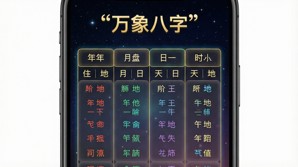 一张展示万象八字排盘功能的界面截图风格图片,主体为手机屏幕内显示八字命盘表格,包含年柱月柱日柱时柱四列,每列下方标注天干地支与十神名称,五行用不同颜色区分。布局为手机居中,背景为深色星空渐变。排版整齐,表格线条清晰,顶部写有引号内的文字“万象八字”。风格为科技感与传统命理结合,细节包括发光边框、半透明单元格、金色文字,画质干净清晰,无多余元素。