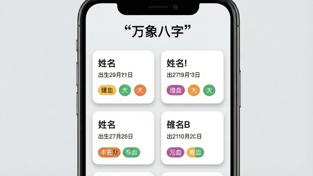 一张展示万象八字命盘管理界面的图片,主体为手机屏幕内显示多个命盘卡片列表,每张卡片包含姓名、出生日期与五行标签。布局为手机居中,背景为浅灰色。排版为两列网格,顶部写有引号内的文字“万象八字”。风格为卡片式管理界面,细节包括圆角卡片、阴影效果、彩色标签,画质干净,无多余元素。
