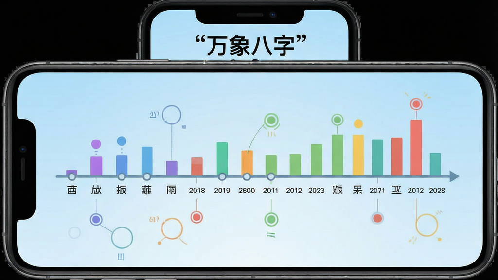 一张展示万象八字大运流年时间轴界面的图片,主体为手机屏幕内显示横向时间轴与柱状图,标注不同年份的干支与运势评分。布局为手机居中,背景为浅蓝渐变。排版清晰,时间轴从左到右延伸,顶部写有引号内的文字“万象八字”。风格为数据可视化仪表盘,细节包括彩色柱状条、圆形节点、细线连接,画质干净,无多余元素。