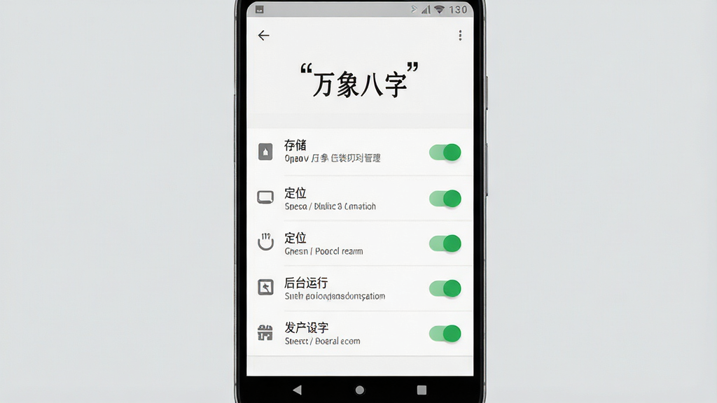 一张展示万象八字手机应用安装与权限设置界面的图片,主体为手机屏幕内显示应用权限管理页面,包含存储、定位、后台运行等开关选项。布局为手机居中,背景为浅灰色。排版为列表形式,顶部写有引号内的文字“万象八字”。风格为安卓系统设置界面,细节包括绿色开关、灰色图标、白色背景,画质干净,无多余元素。