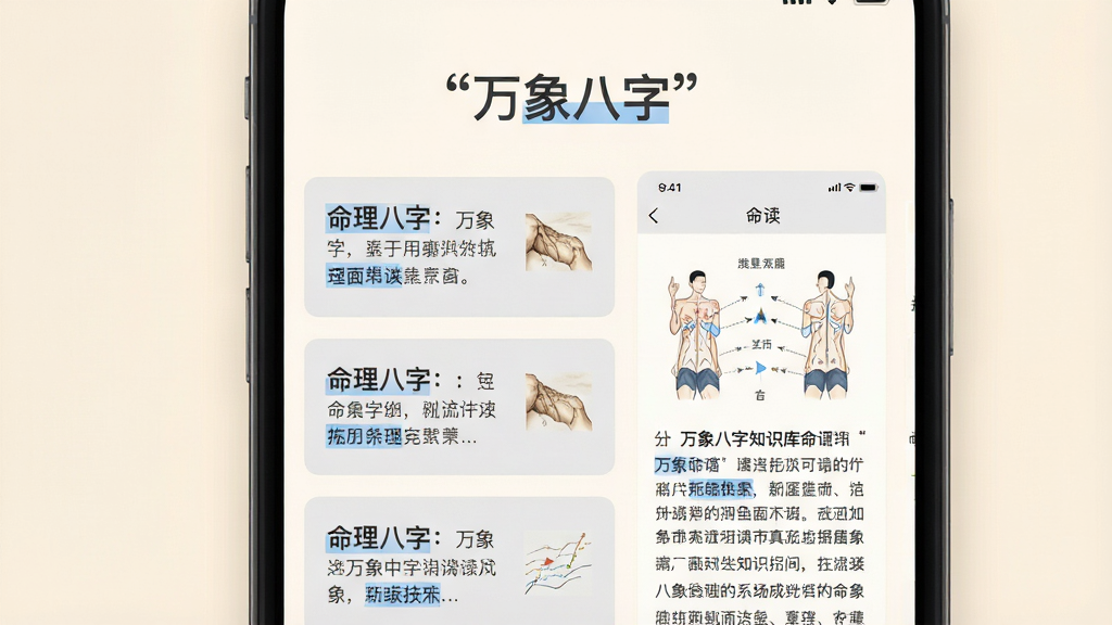 一张展示万象八字知识库阅读界面的图片,主体为手机屏幕内显示命理知识文章列表与详情页,包含文字段落与图表。布局为手机居中,背景为柔和米白色。排版舒适,字体清晰,顶部写有引号内的文字“万象八字”。风格为简约阅读类应用界面,细节包括浅灰色卡片、深灰色文字、蓝色高亮关键词,画质干净,无多余元素。