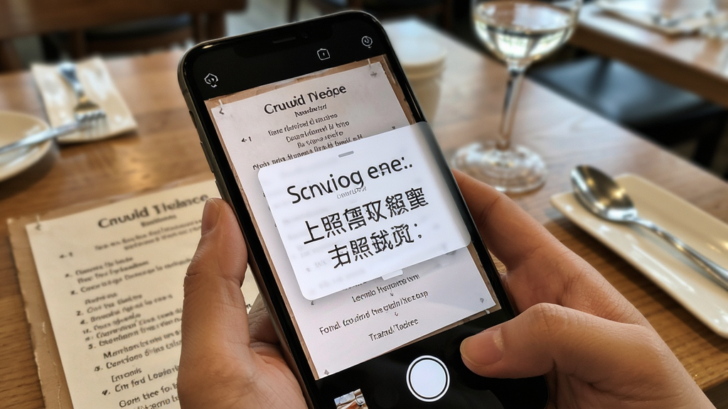 多声声APP拍照翻译功能示意图,手机摄像头对准一份英文菜单,屏幕中显示翻译后的中文文字浮层,界面清晰展示原文与译文的对照,背景为餐厅桌面场景,风格真实自然,画质高清,无多余装饰