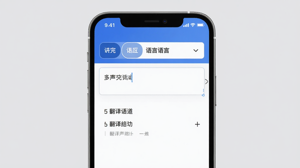 多声声APP文本翻译界面展示,手机屏幕内显示输入框和翻译结果区域,上方有语言切换下拉菜单,界面布局清晰,配色清爽,背景为纯色浅灰,风格简约商务,画质干净,无多余元素