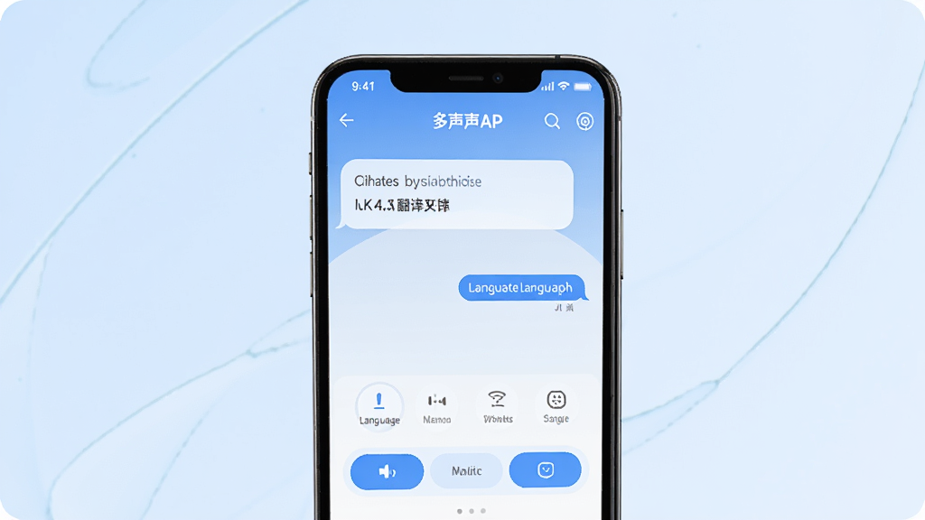 一张展示多声声AI翻译APP主界面的手机样机图,画面中央是手机屏幕,屏幕内显示多声声APP的翻译对话框和语言选择按钮,界面干净整洁,背景为浅蓝色渐变,风格简约现代,细节清晰,画质高清,无多余元素