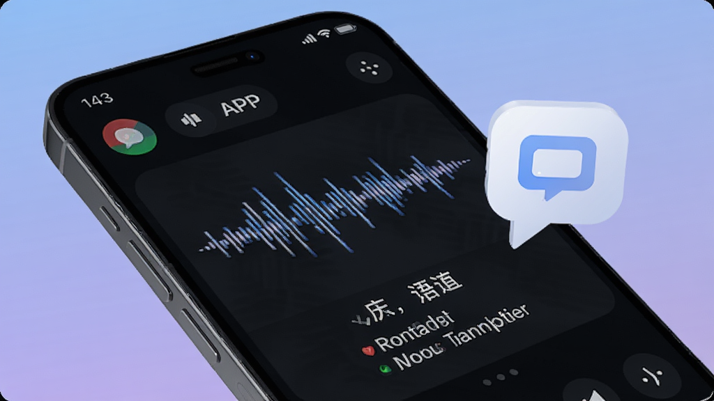 一部智能手机屏幕特写,屏幕显示多声声APP正在运行语音翻译功能,界面中有声波动态效果和中英文字幕对照,手机旁放置一个对话气泡图标,背景为柔和蓝紫色调,风格科技感十足,画面干净,画质细腻,无杂乱元素