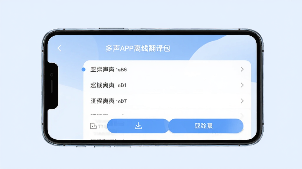 多声声APP离线翻译包下载页面示意图,手机屏幕显示可下载的语言列表和下载按钮,界面简洁明了,背景为淡蓝色,风格清新,画质清晰,无多余元素