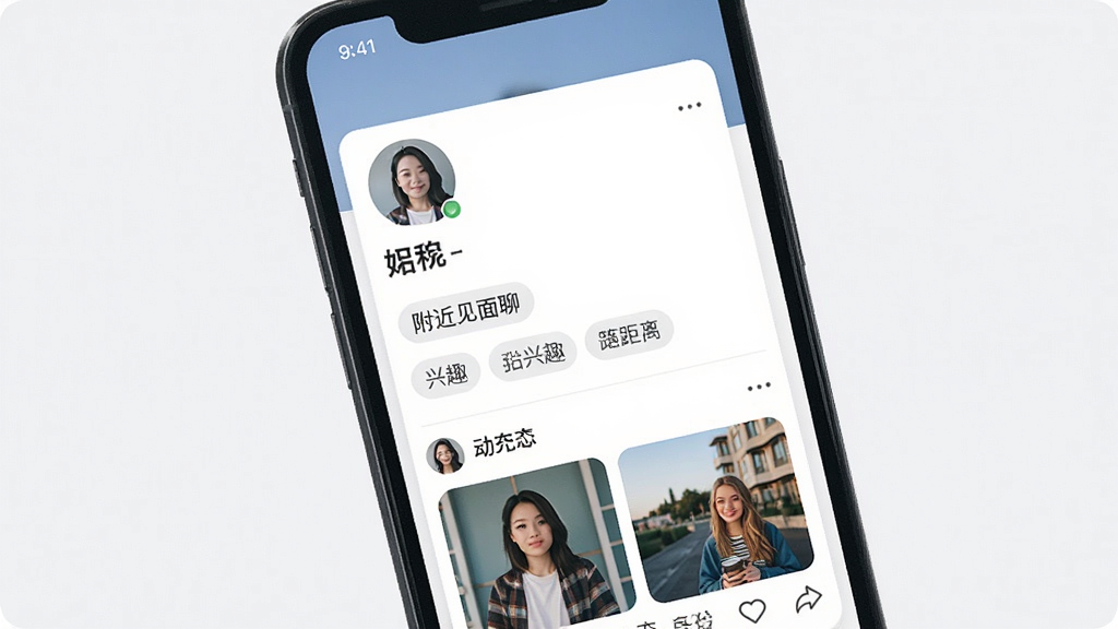 社交应用个人资料页展示图,画面主体是手机屏幕中的用户资料卡片,布局为上下结构,上方是头像与昵称,下方是兴趣标签和动态内容,风格为简约卡片风,细节包括“附近见面聊”软件名称、距离标签、动态缩略图,画质高清,干净,无多余元素