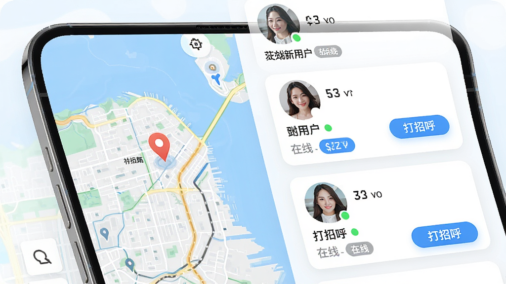 一款同城社交软件的功能展示图,画面主体是手机屏幕中显示附近用户列表与距离标签,布局为左右分栏,左侧是地图定位,右侧是用户头像卡片,风格为明亮清新的UI展示风,细节包括距离数值、在线状态、打招呼按钮,画质高清,干净,无多余元素