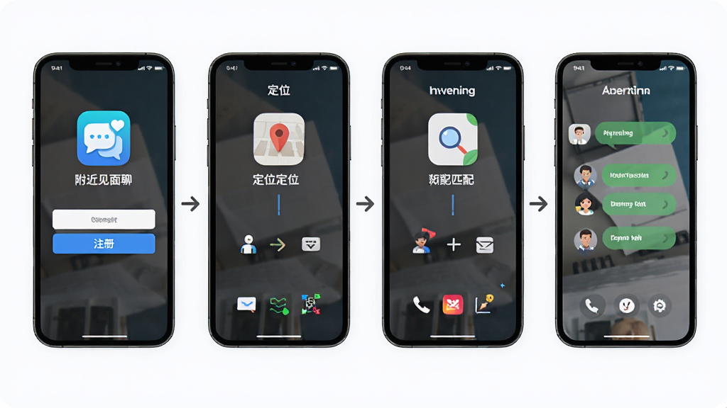 一款轻量社交应用的界面流程图,画面主体是手机屏幕依次展示注册、定位、匹配、聊天四个步骤,布局为横向排列的四格流程图,风格为简洁说明风,细节包括“附近见面聊”应用图标、箭头指引、功能图标,画质高清,干净,无多余元素