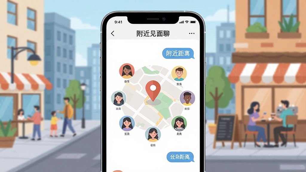一张手机屏幕展示同城交友应用主界面的插画,画面中央是“附近见面聊”应用界面,界面上显示地图定位图标与多个用户头像环绕排列,背景是城市街区与咖啡店场景,布局为竖版手机海报,风格为清爽现代的扁平插画风,细节包括定位标记、聊天气泡、附近距离标签,画质高清,干净,无多余元素