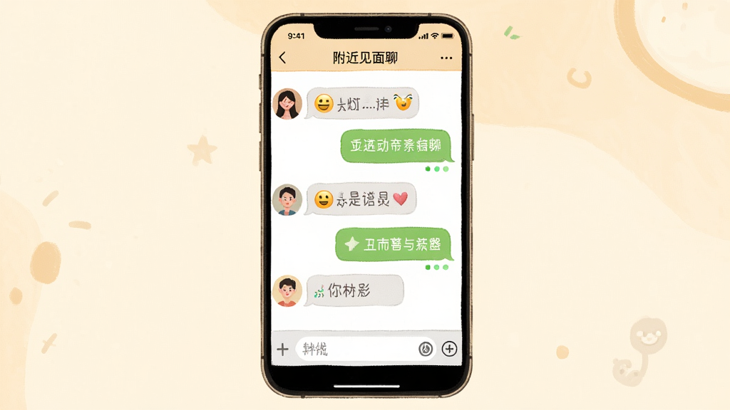 手机聊天界面插画,画面中显示“附近见面聊”应用内的对话窗口,两个用户头像之间有多条聊天气泡,布局为竖版手机屏幕,风格为温暖社交风,细节包括表情符号、输入框、在线状态提示,画质高清,干净,无多余元素