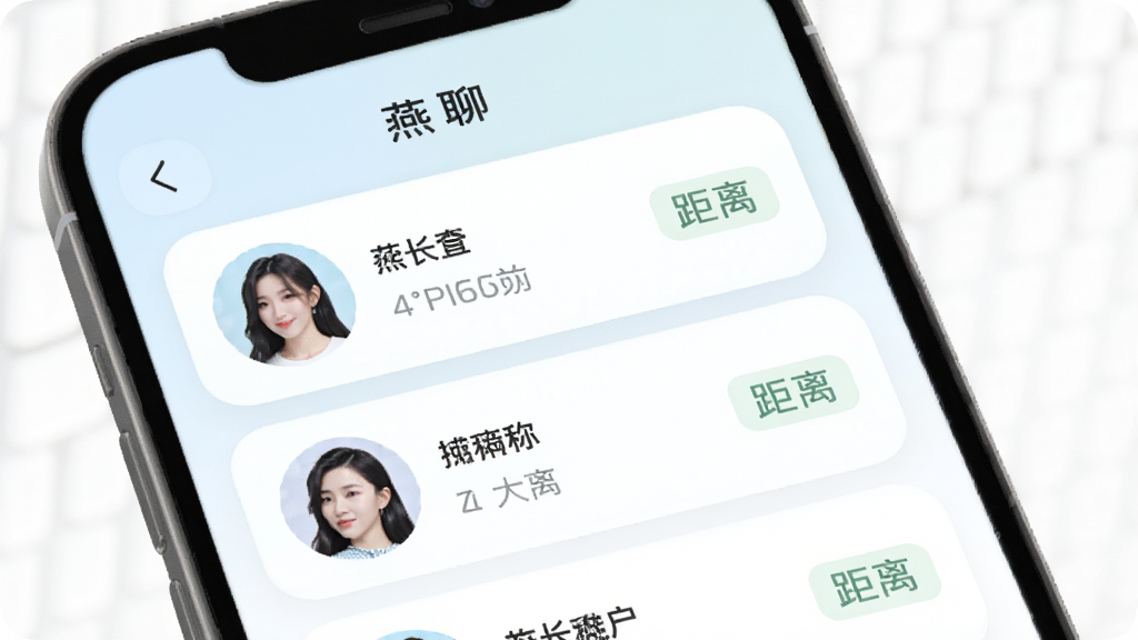 燕聊附近交友功能界面示意图,手机屏幕显示附近用户列表和距离标签,画面风格为柔和圆角卡片式布局,细节包含用户头像、昵称、距离信息,整体色调清新浅色,画质干净高清,无多余元素