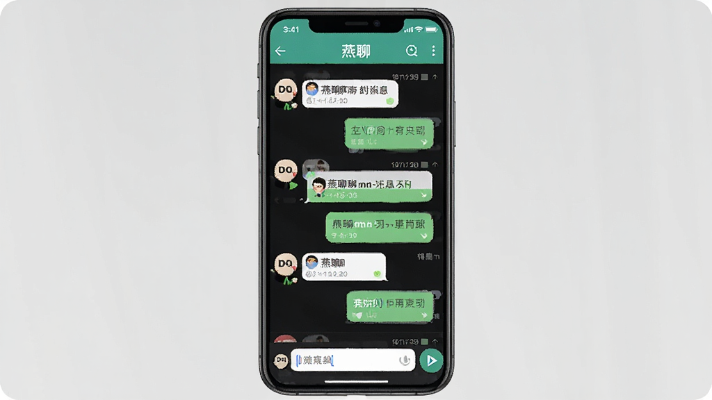 一张展示燕聊聊天界面的手机屏幕截图,画面中央是手机正视图,屏幕内显示燕聊的聊天列表和消息气泡,布局简洁清晰,风格为现代扁平化UI设计,细节包含头像、消息时间、输入框等元素,画面干净无多余元素,高清画质,适合作为软件下载站配图