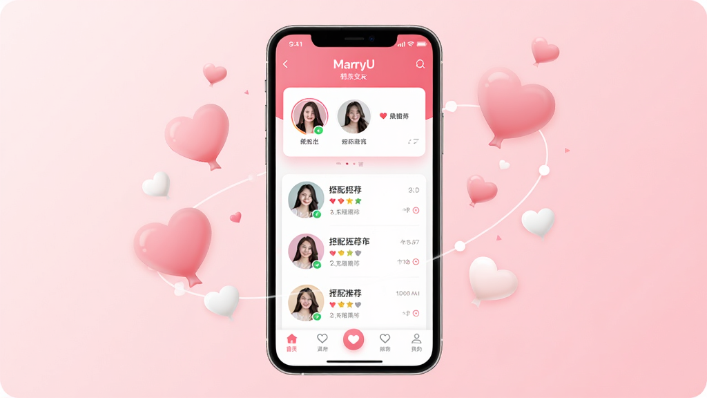 MarryU相亲交友应用主界面展示图,画面中央是一部智能手机,屏幕显示MarryU相亲交友APP的首页界面,包含用户头像卡片、匹配推荐列表和底部导航栏,手机周围环绕着粉色和白色的心形气泡与连线元素,背景为柔和的浅粉色渐变,整体风格清新浪漫、简洁现代,画质高清、干净、无多余元素