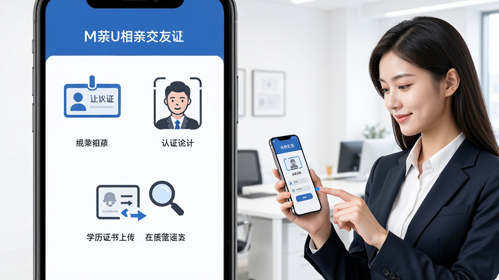 MarryU相亲交友实名认证流程示意图,画面展示手机屏幕上的认证步骤界面,包含身份证上传、人脸识别、学历证书上传等图标,画面右侧有一位身穿正装的年轻女性正在使用手机进行认证操作,背景为简洁的白色办公环境,整体风格商务专业、色调以蓝色和白色为主,画质清晰、干净、无多余元素