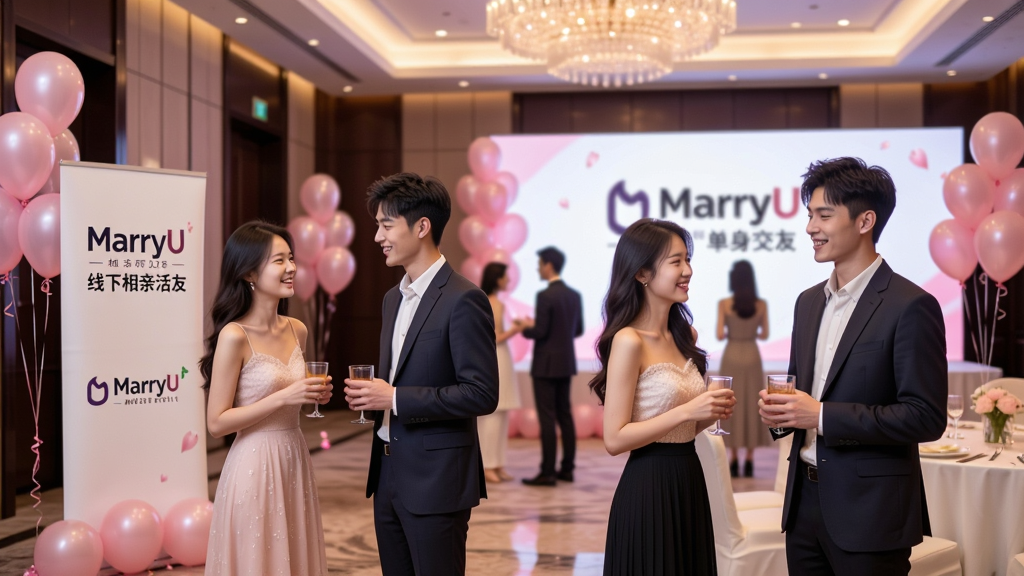 MarryU相亲交友线下相亲活动场景图,画面展示一场在高级酒店宴会厅举办的单身派对,多位年轻男女正在愉快交谈,现场布置有MarryU相亲交友的品牌标识和粉色气球装饰,灯光柔和温馨,整体风格高端浪漫,画质清晰、干净、无多余元素
