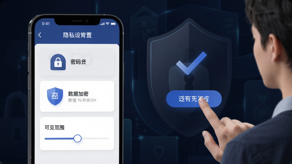 MarryU相亲交友隐私安全保护功能示意图,画面展示手机屏幕上的隐私设置界面,包含密码锁、数据加密盾牌、可见范围滑块等图标元素,画面右侧有一位用户正在点击设置按钮,背景为深色安全主题色调,整体风格稳重可靠,画质清晰、干净、无多余元素