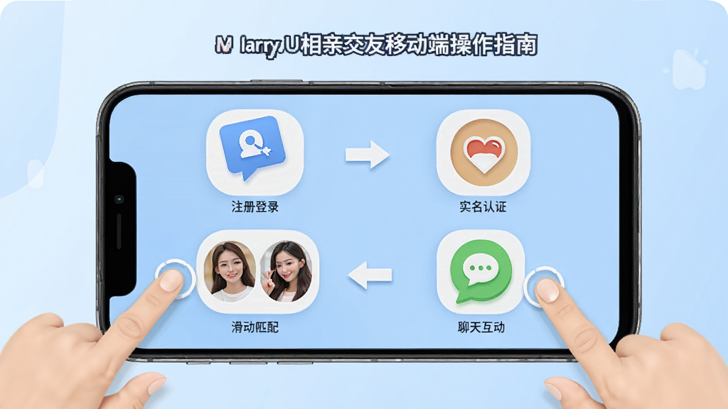 MarryU相亲交友移动端操作指南示意图,画面展示一部智能手机屏幕上的APP操作界面,包含注册登录、实名认证、滑动匹配、聊天互动四个步骤的图标和箭头指引,手机旁边有手指点击的示意动作,背景为浅蓝色渐变,整体风格简洁明快、教程感强,画质高清、干净、无多余元素