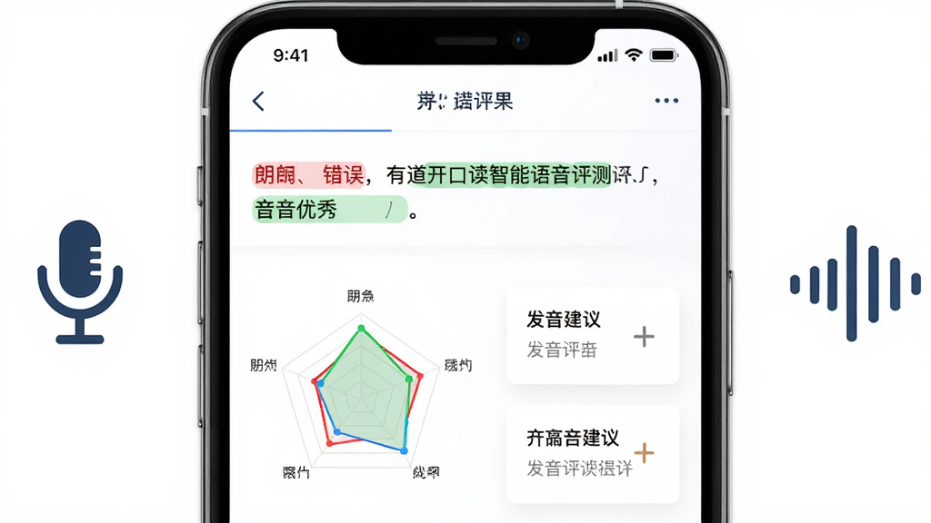有道开口读智能语音评测功能界面,主体为手机屏幕展示评测结果页面,布局采用上下结构,上方是朗读文本与彩色标注,下方是评分雷达图与发音建议卡片,风格为现代简约UI设计,细节上标注红色代表发音错误、绿色代表发音优秀,屏幕周围有麦克风与声波图标,画质高清干净,无多余元素。